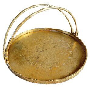 Solid Brass Round Chinese Chinoiserie Tray Uncommon Vintage Floral Pattern